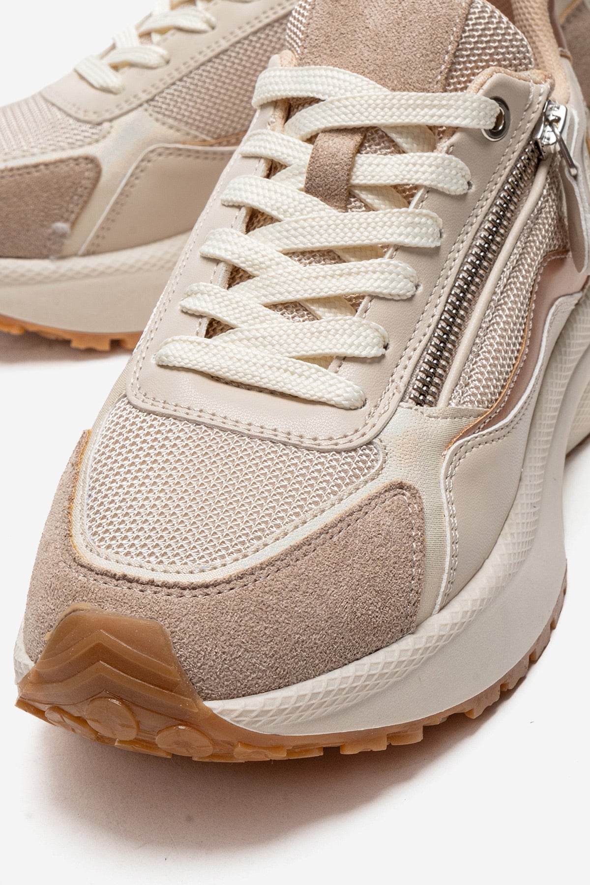 Kadın Bej Gül Kurusu Bağcıklı Fermuarlı Kalın Tabanlı Sneaker Ria
