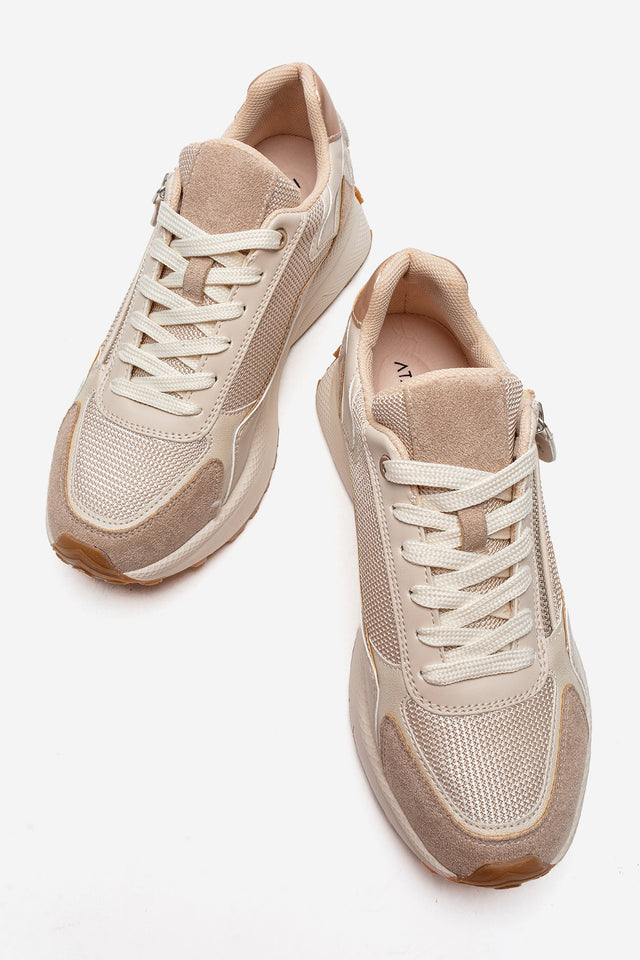 Kadın Bej Gül Kurusu Bağcıklı Fermuarlı Kalın Tabanlı Sneaker Ria