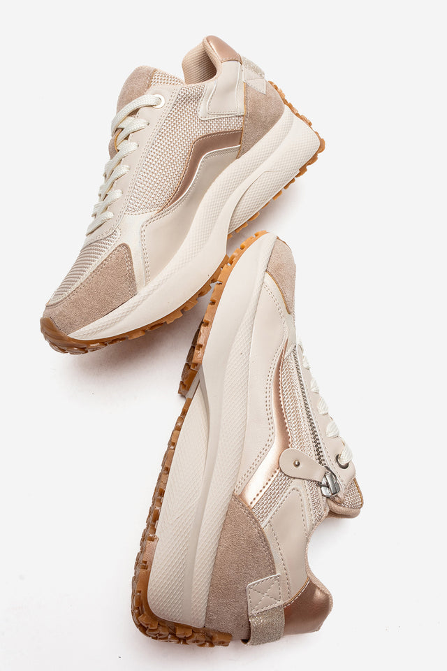 Kadın Bej Gül Kurusu Bağcıklı Fermuarlı Kalın Tabanlı Sneaker Ria