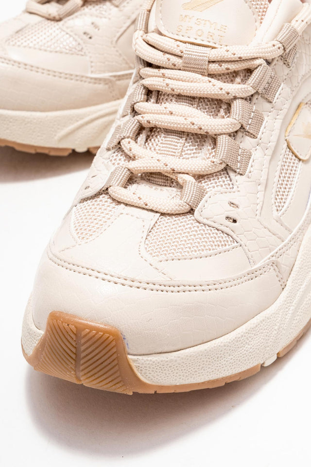 Kadın Bej Bağcıklı Kalın Kauçuk Tabanlı Sneaker Ayakkabı Nia