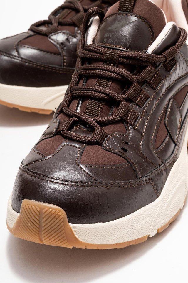 Kadın Kahve Bağcıklı Kalın Kauçuk Tabanlı Sneaker Ayakkabı Nia
