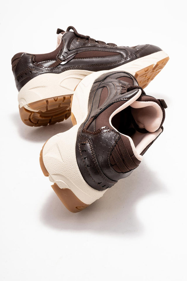 Kadın Kahve Bağcıklı Kalın Kauçuk Tabanlı Sneaker Ayakkabı Nia