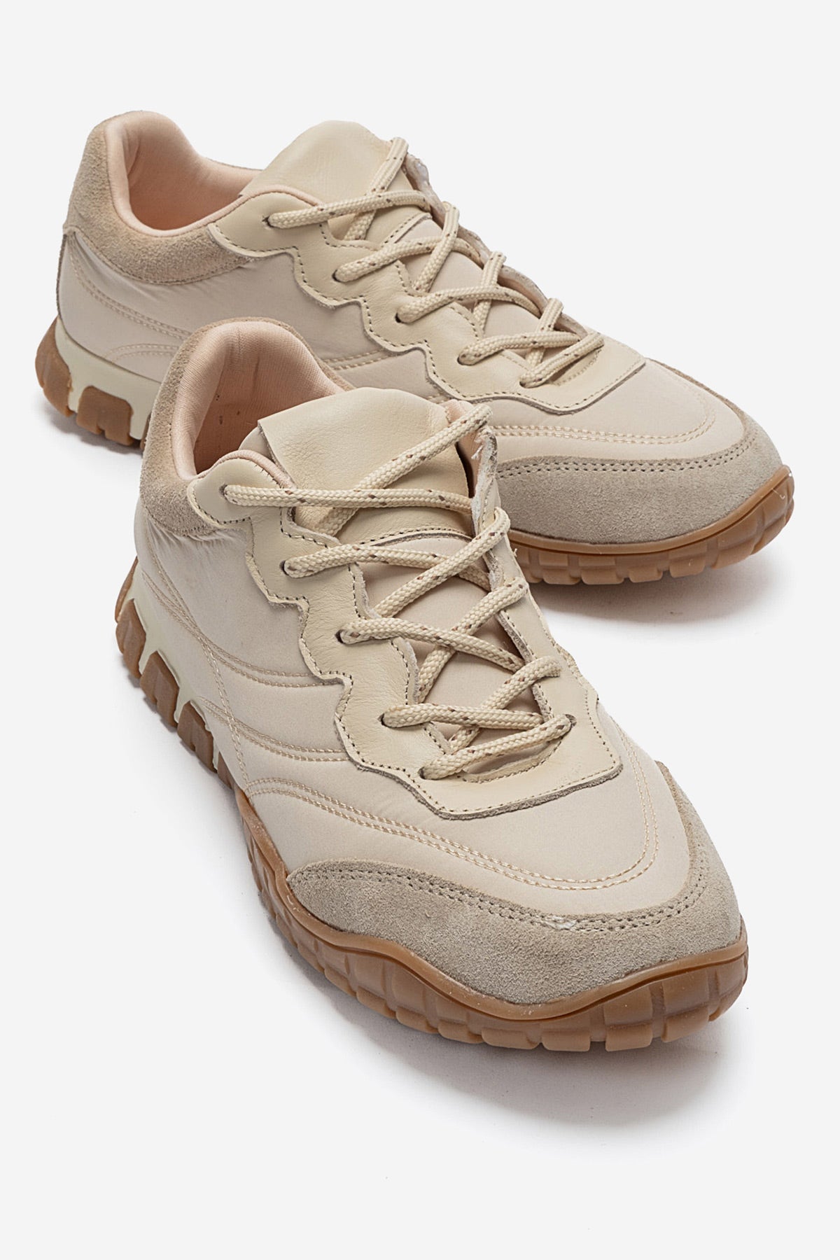Kadın Bej Bağcıklı Tırtıklı Kauçuk Tabanlı Sneaker Ayakkabı Rea