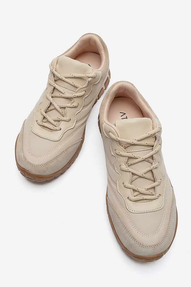 Kadın Bej Bağcıklı Tırtıklı Kauçuk Tabanlı Sneaker Ayakkabı Rea