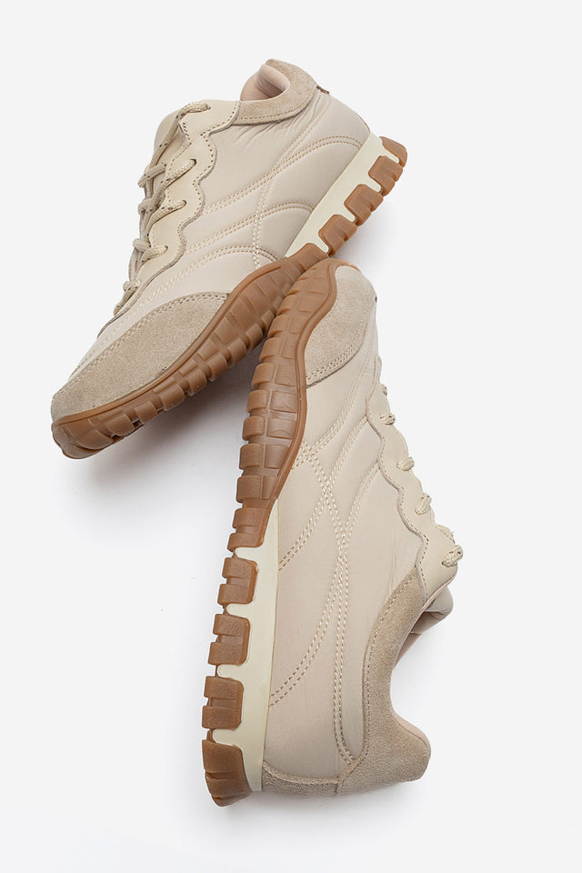 Kadın Bej Bağcıklı Tırtıklı Kauçuk Tabanlı Sneaker Ayakkabı Rea