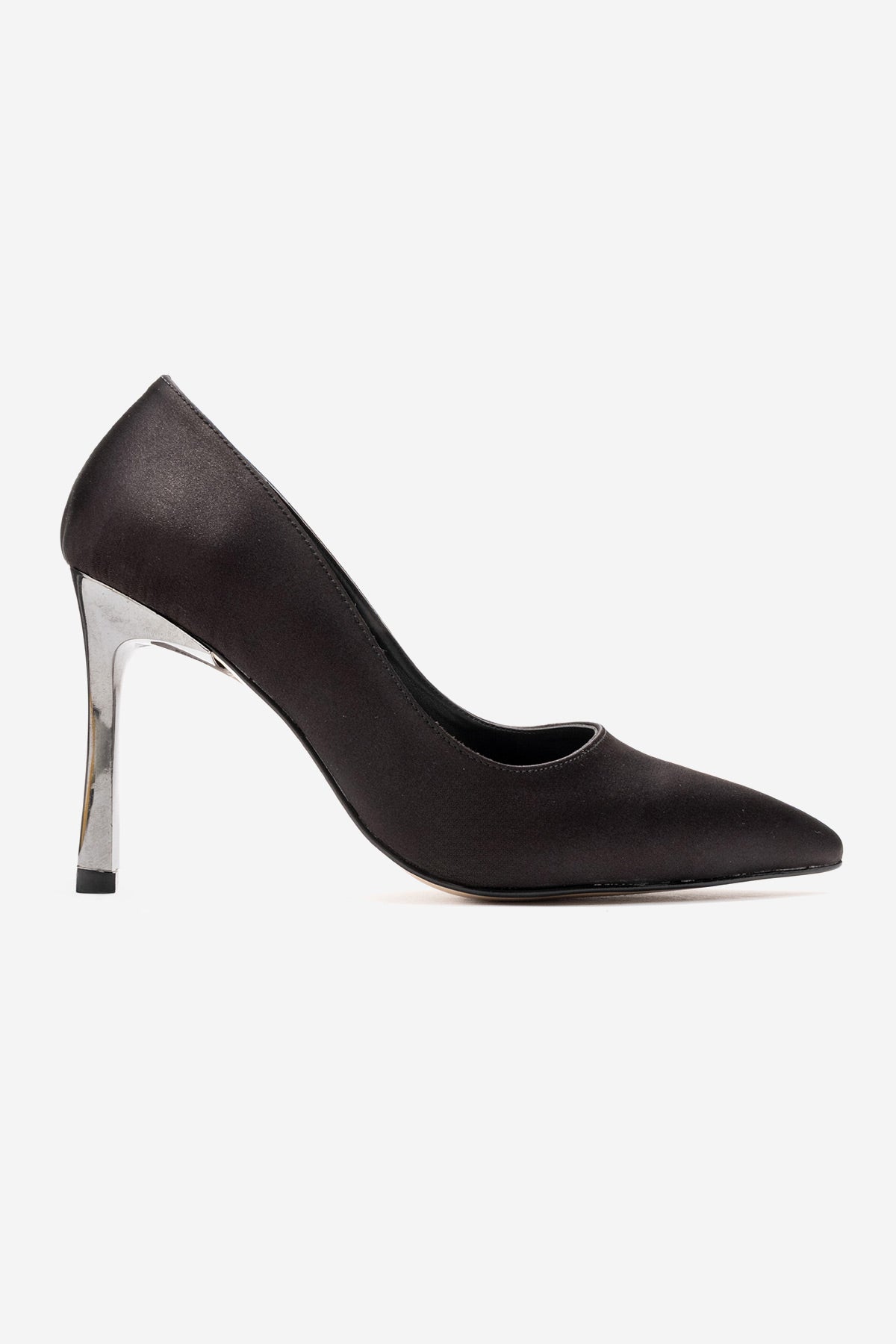 Kadın Siyah Saten Sivri Burun Metal 9 cm Yüksek İnce Topuklu Stiletto Francesca