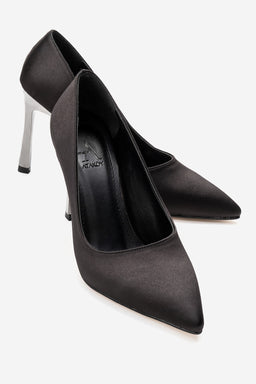 Kadın Siyah Saten Sivri Burun Metal 9 cm Yüksek İnce Topuklu Stiletto Francesca