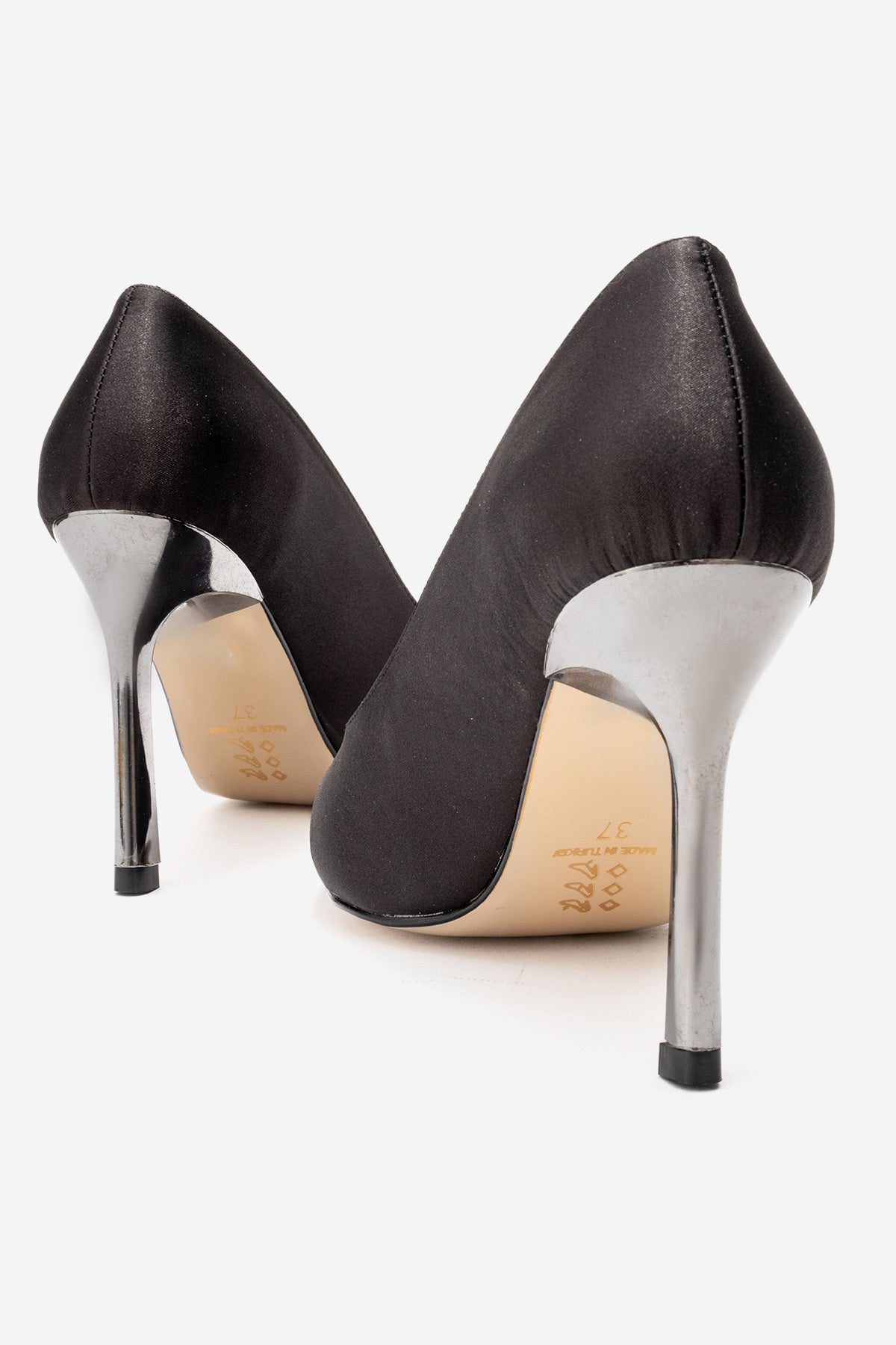 Kadın Siyah Saten Sivri Burun Metal 9 cm Yüksek İnce Topuklu Stiletto Francesca