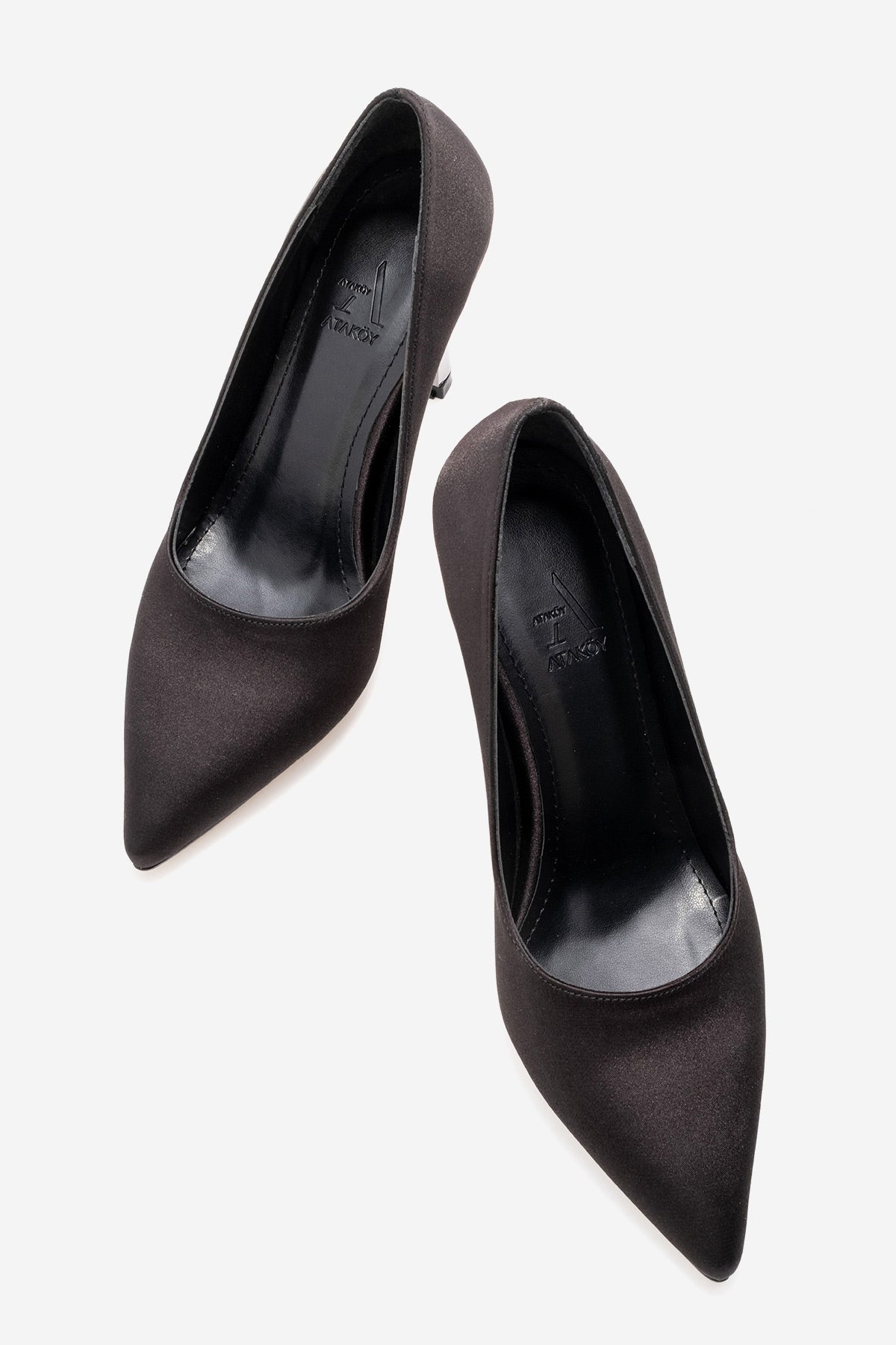 Kadın Siyah Saten Sivri Burun Metal 9 cm Yüksek İnce Topuklu Stiletto Francesca