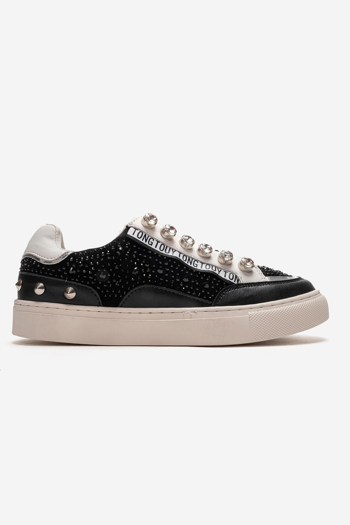 Kadın Siyah Gümüş Taşlı Zımba Detaylı Kalın Tabanlı Sneaker Candela