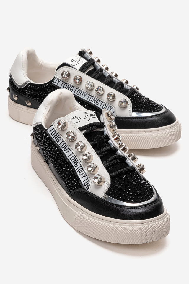 Kadın Siyah Gümüş Taşlı Zımba Detaylı Kalın Tabanlı Sneaker Candela