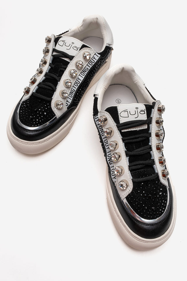 Kadın Siyah Gümüş Taşlı Zımba Detaylı Kalın Tabanlı Sneaker Candela