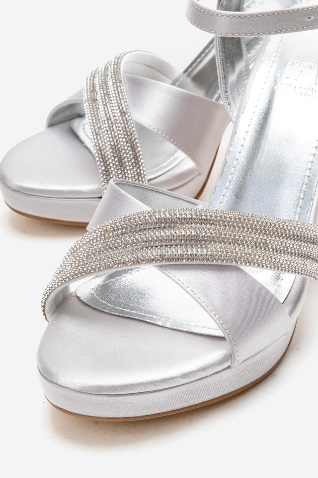 Kadın Gümüş Saten Taşlı Çapraz Bantlı 10 cm Platform Kalın Topuklu Sandalet Bellina