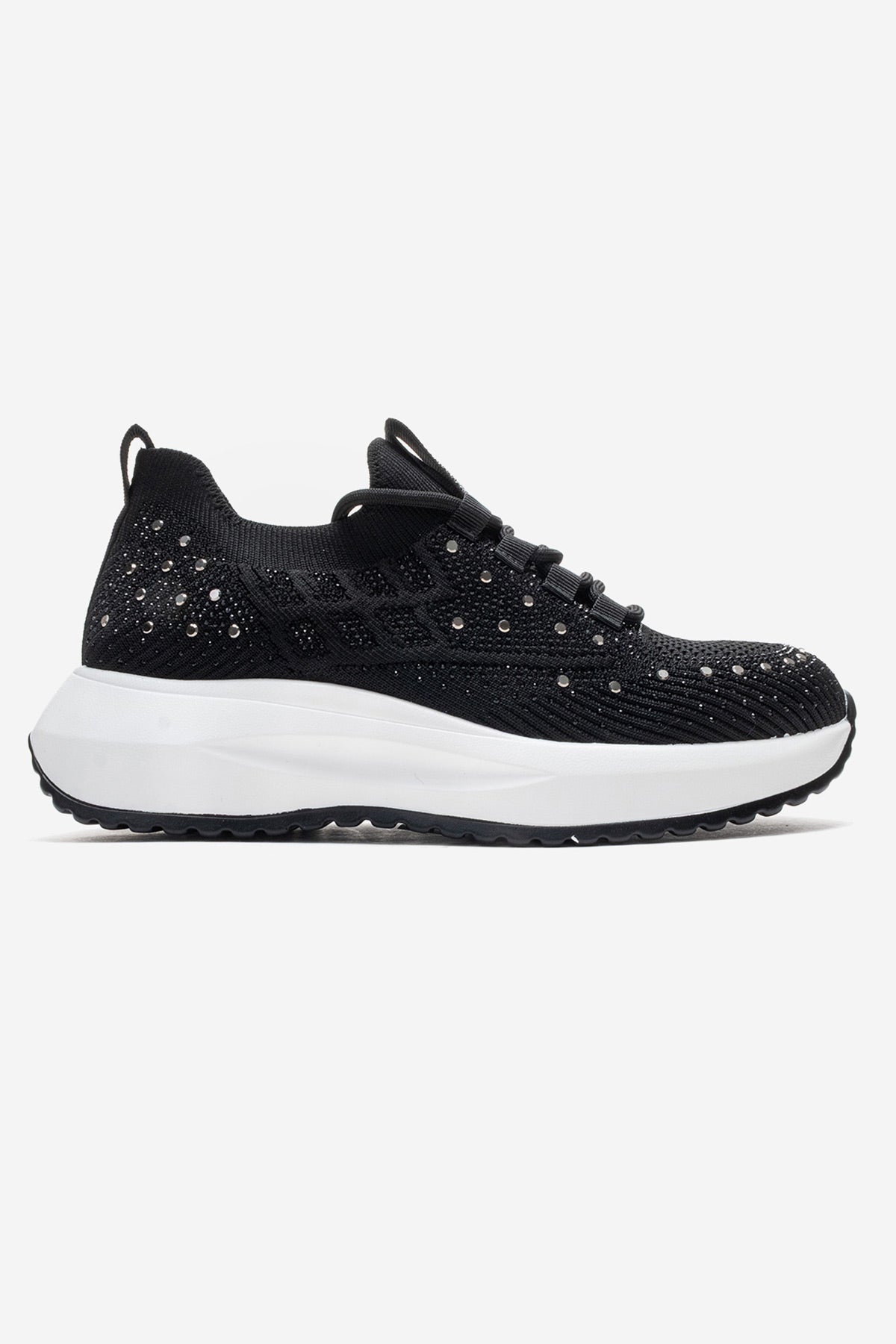 Kadın Siyah Triko Örgü Gümüş Taşlı Lastik Bağcıklı Kalın Tabanlı Sneaker Günlük Ayakkabı Cassia