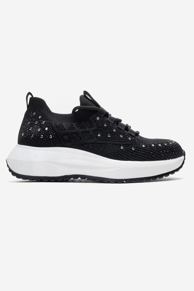 Kadın Siyah Triko Örgü Gümüş Taşlı Lastik Bağcıklı Kalın Tabanlı Sneaker Günlük Ayakkabı Cassia