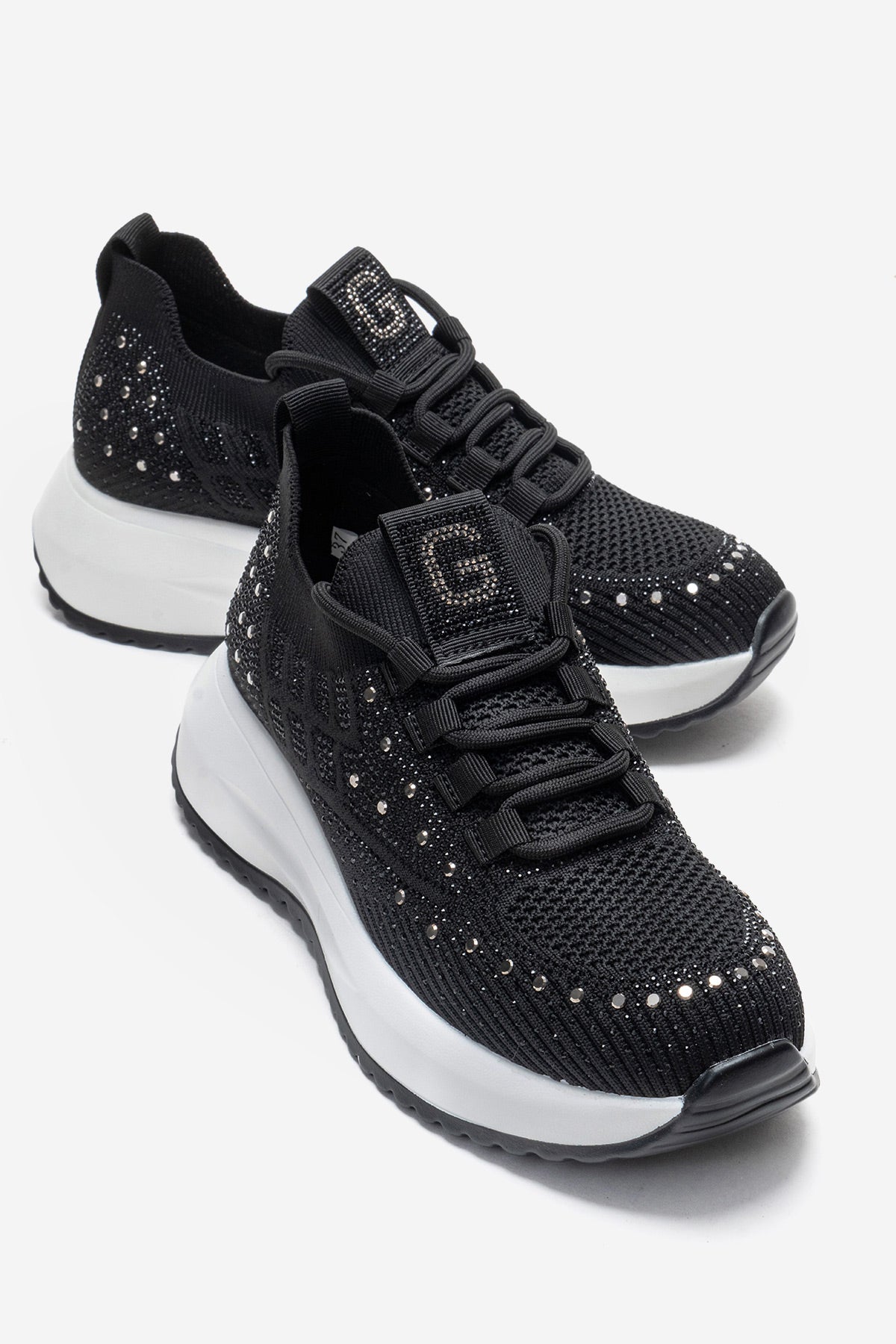 Kadın Siyah Triko Örgü Gümüş Taşlı Lastik Bağcıklı Kalın Tabanlı Sneaker Günlük Ayakkabı Cassia