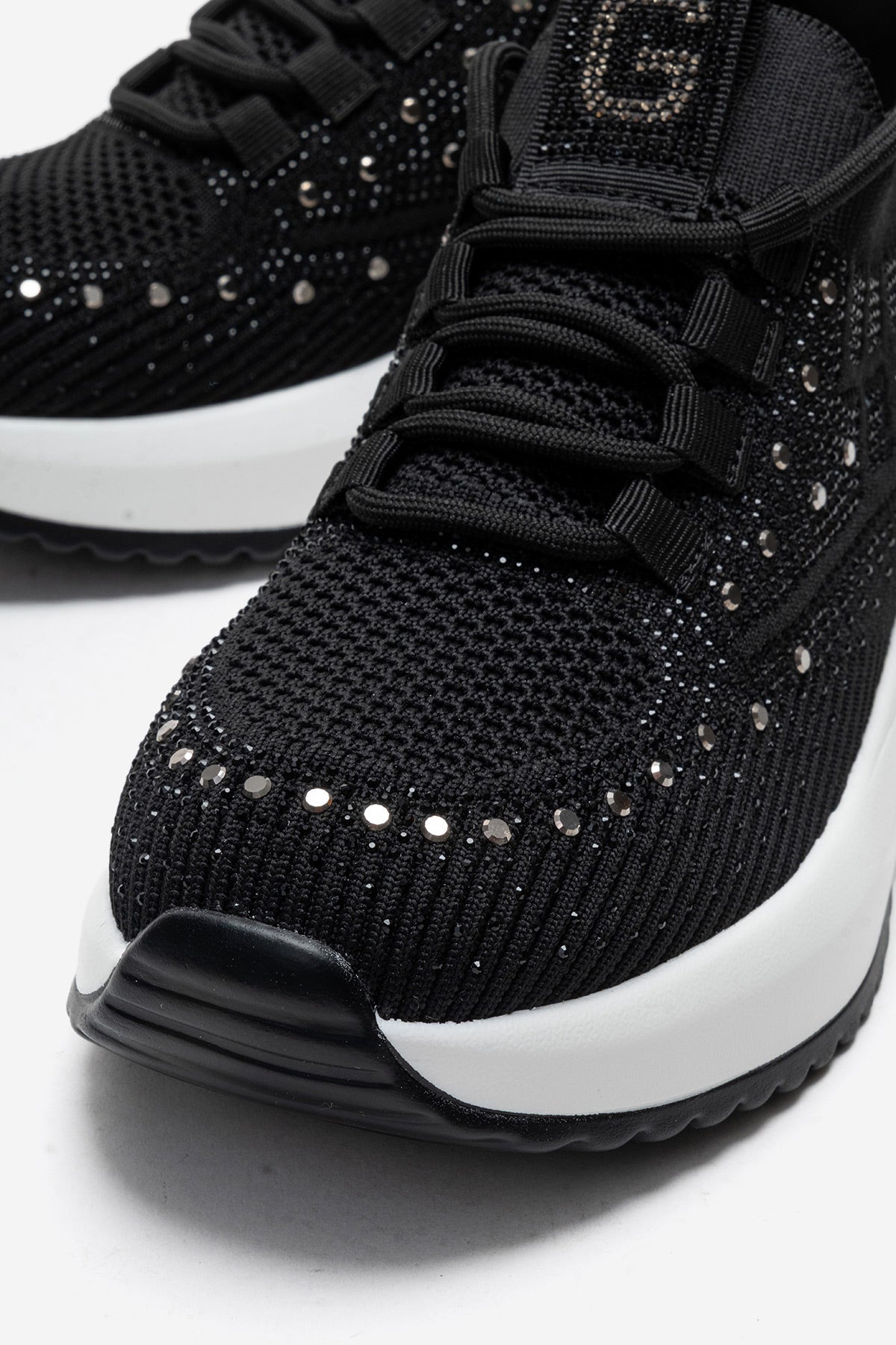 Kadın Siyah Triko Örgü Gümüş Taşlı Lastik Bağcıklı Kalın Tabanlı Sneaker Günlük Ayakkabı Cassia