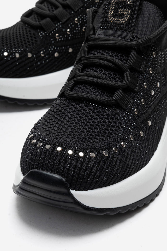 Kadın Siyah Triko Örgü Gümüş Taşlı Lastik Bağcıklı Kalın Tabanlı Sneaker Günlük Ayakkabı Cassia