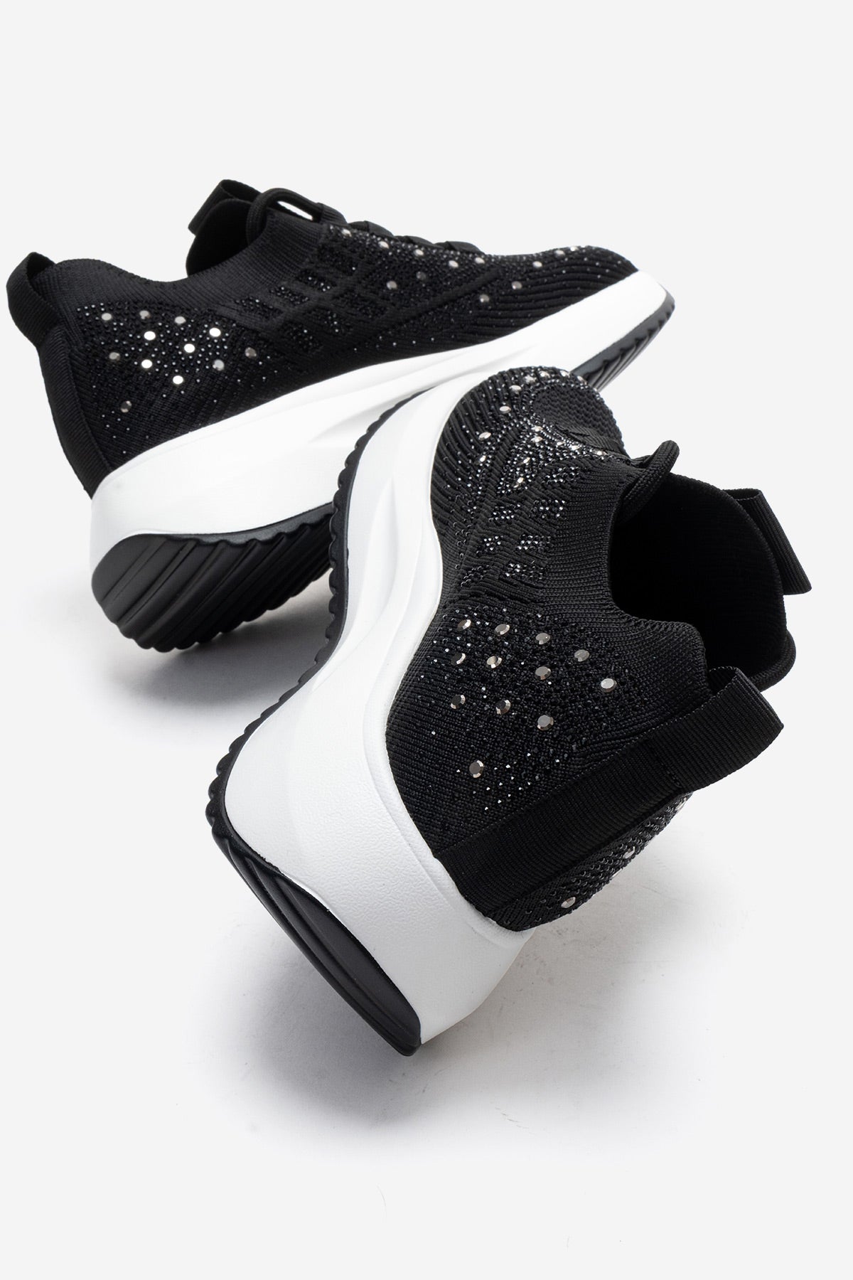 Kadın Siyah Triko Örgü Gümüş Taşlı Lastik Bağcıklı Kalın Tabanlı Sneaker Günlük Ayakkabı Cassia