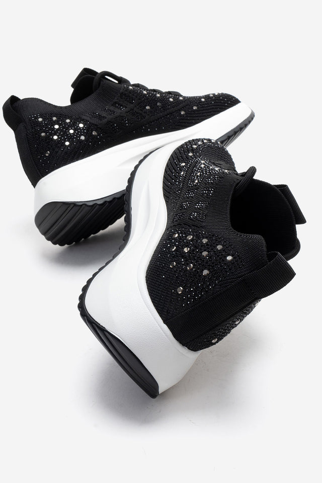 Kadın Siyah Triko Örgü Gümüş Taşlı Lastik Bağcıklı Kalın Tabanlı Sneaker Günlük Ayakkabı Cassia