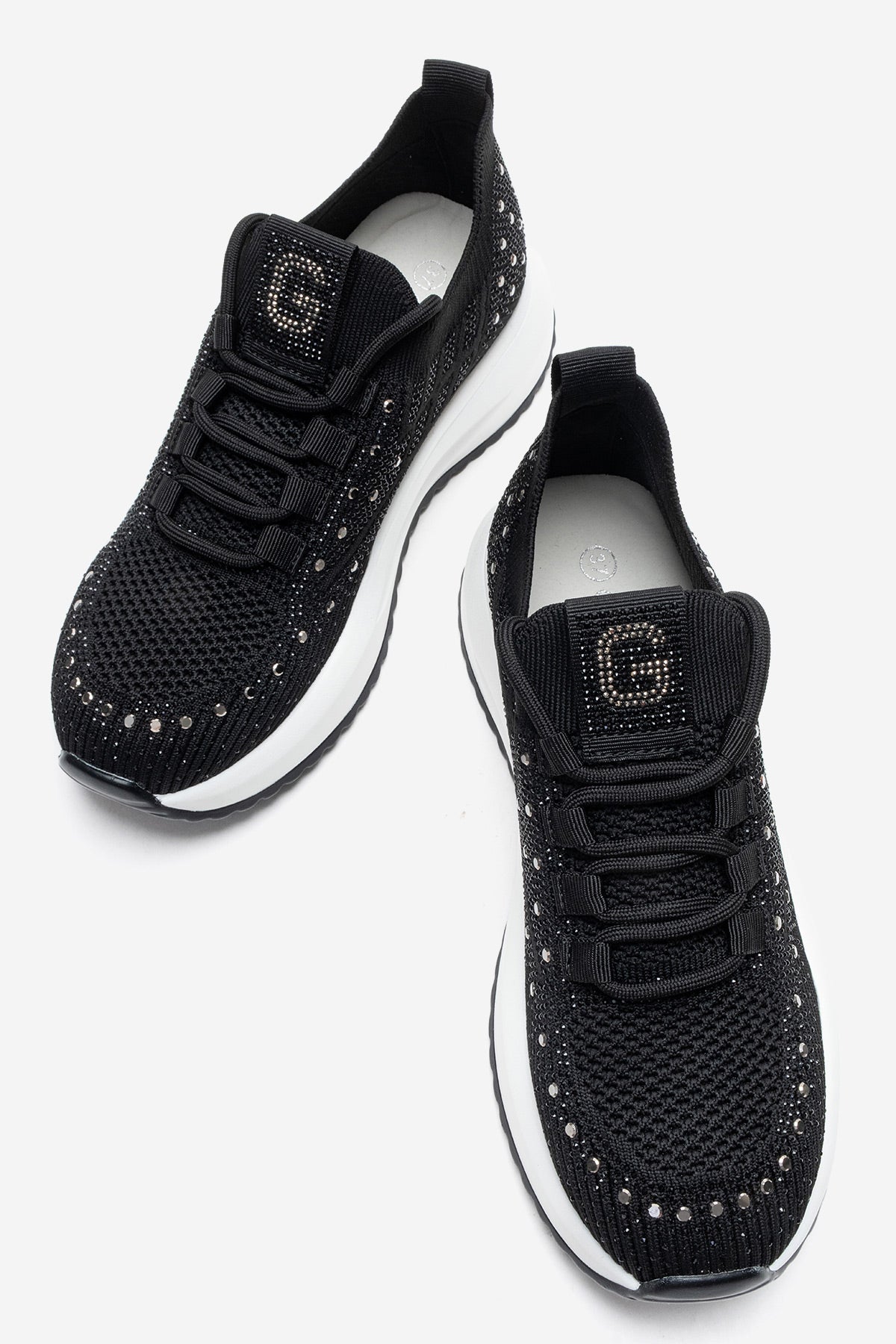 Kadın Siyah Triko Örgü Gümüş Taşlı Lastik Bağcıklı Kalın Tabanlı Sneaker Günlük Ayakkabı Cassia