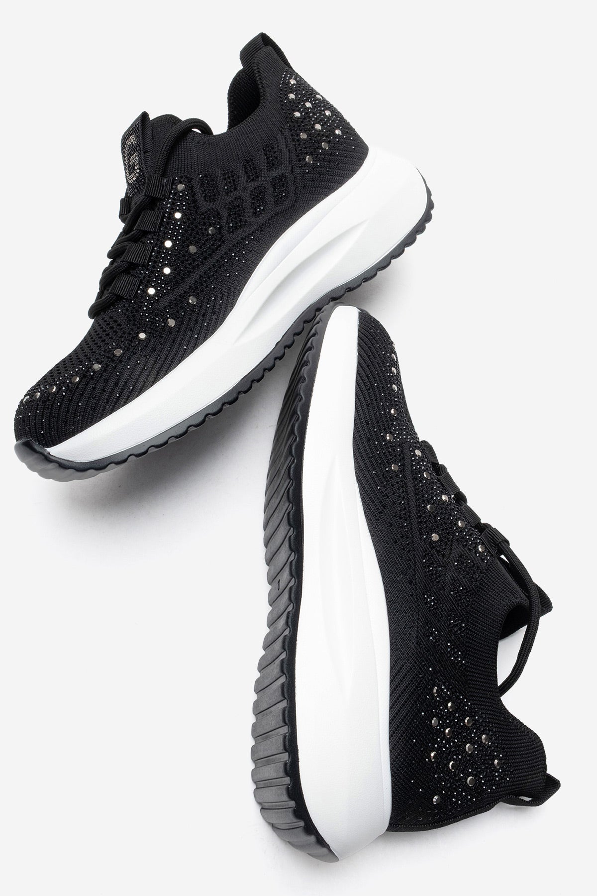 Kadın Siyah Triko Örgü Gümüş Taşlı Lastik Bağcıklı Kalın Tabanlı Sneaker Günlük Ayakkabı Cassia