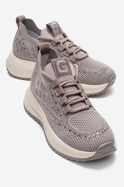 Kadın Vizon Triko Örgü Gümüş Taşlı Lastik Bağcıklı Kalın Tabanlı Sneaker Günlük Ayakkabı Cassia