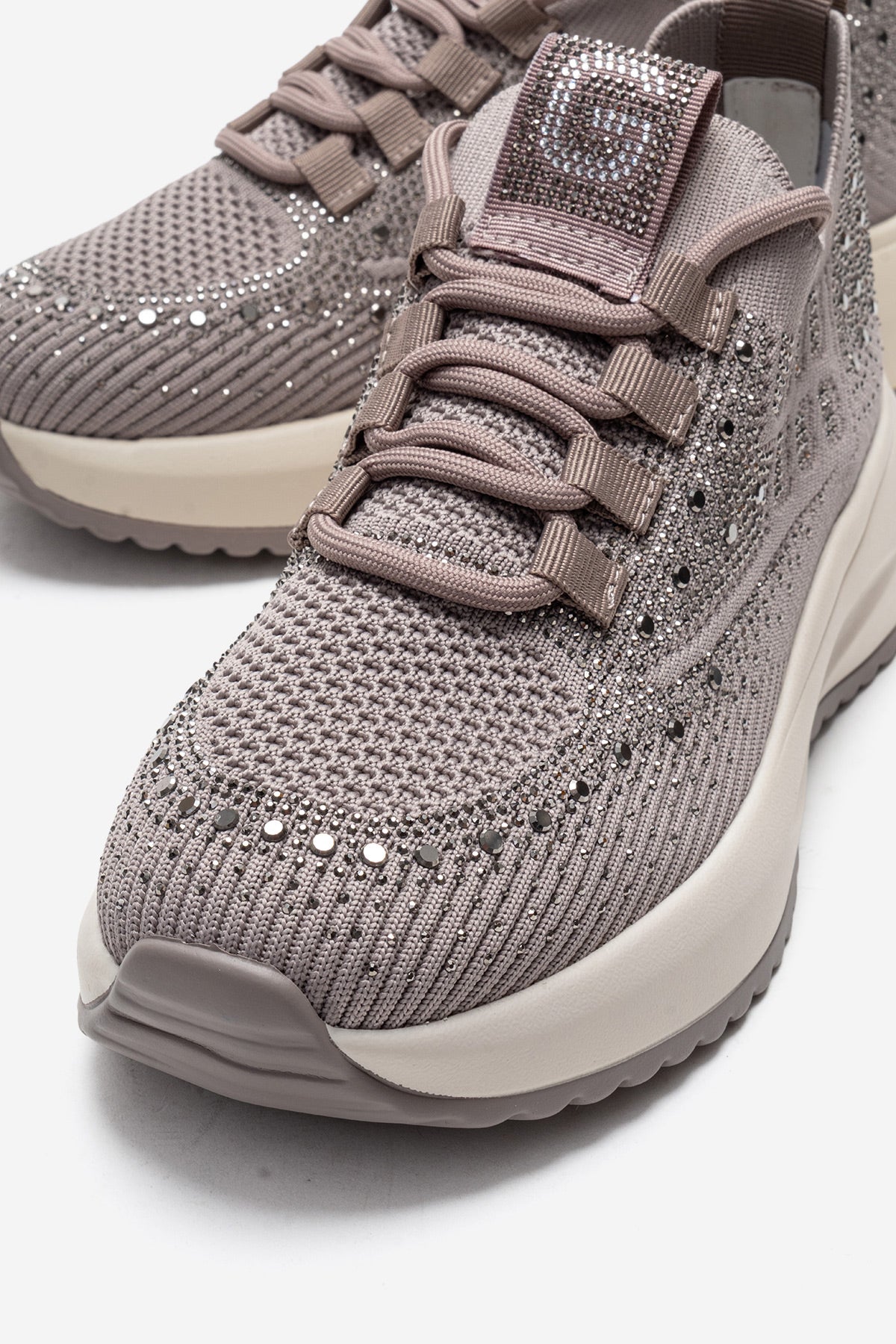 Kadın Vizon Triko Örgü Gümüş Taşlı Lastik Bağcıklı Kalın Tabanlı Sneaker Günlük Ayakkabı Cassia