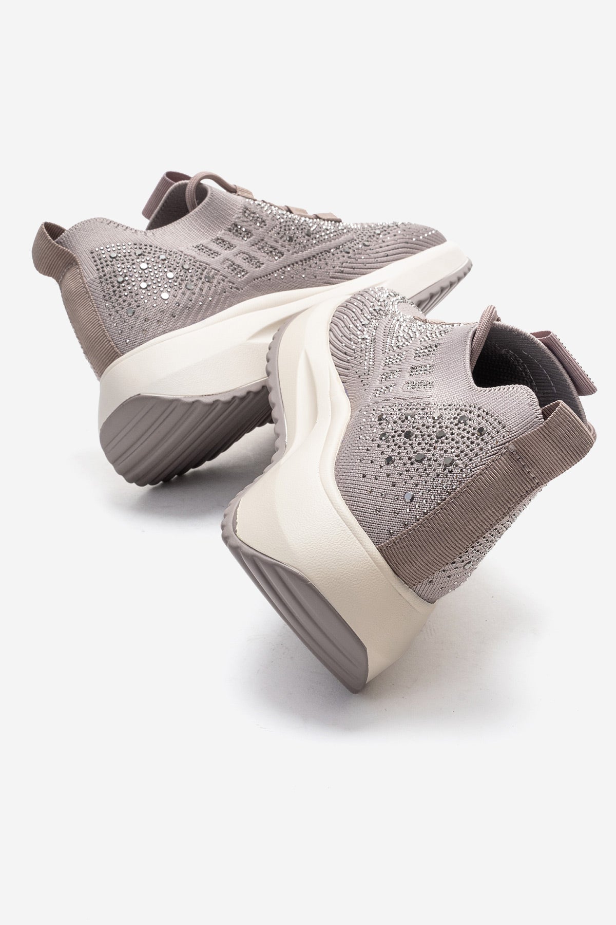 Kadın Vizon Triko Örgü Gümüş Taşlı Lastik Bağcıklı Kalın Tabanlı Sneaker Günlük Ayakkabı Cassia