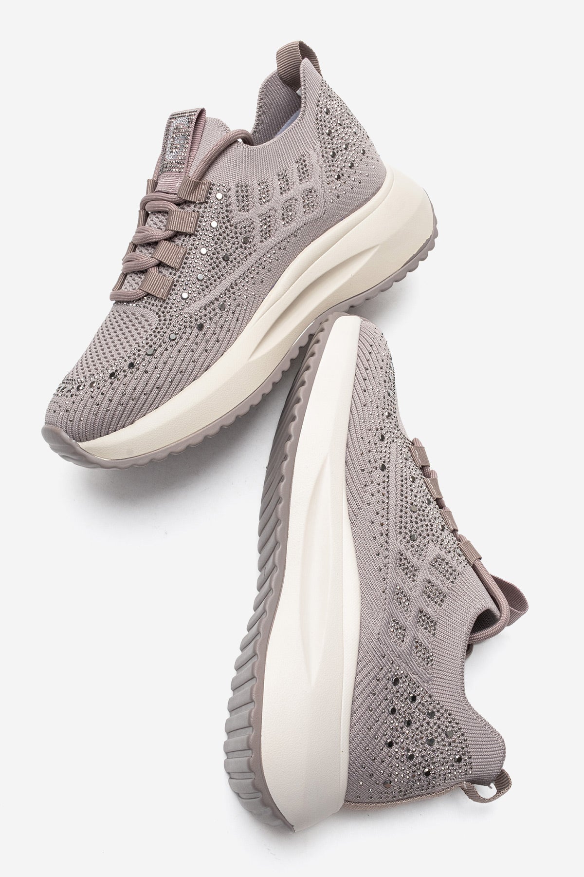 Kadın Vizon Triko Örgü Gümüş Taşlı Lastik Bağcıklı Kalın Tabanlı Sneaker Günlük Ayakkabı Cassia