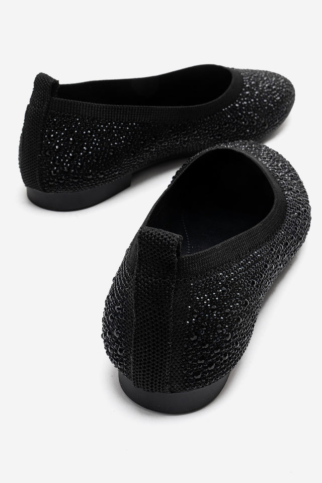 Kadın Siyah Triko Taşlı Badem Burun Düz Tabanlı Rahat Babet Neva