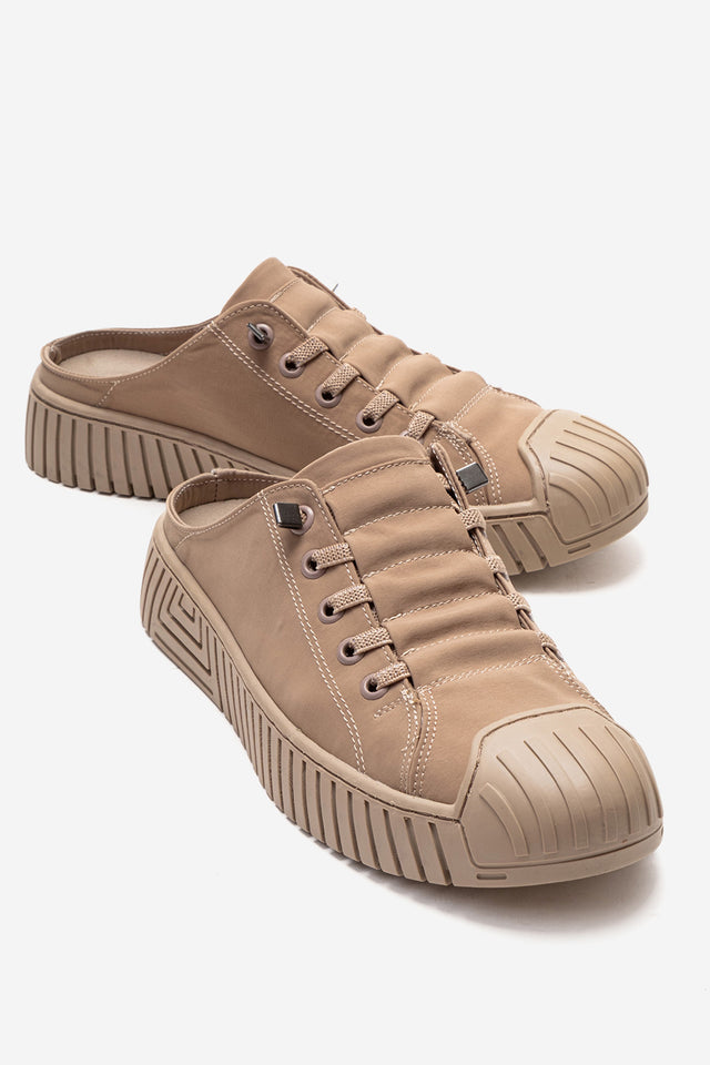 Kadın Bej Dokulu Bağcıklı Kalın Tabanlı Sneaker Terlik Cala