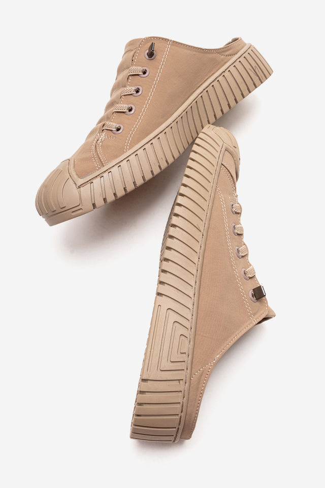 Kadın Bej Dokulu Bağcıklı Kalın Tabanlı Sneaker Terlik Cala