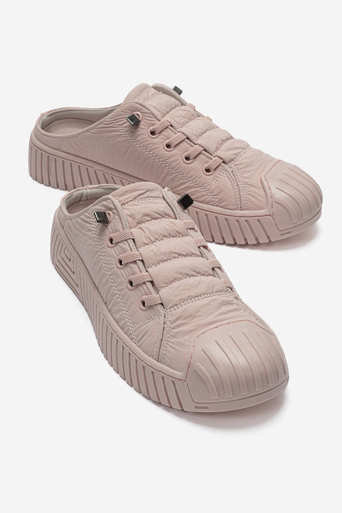 Kadın Pudra Dokulu Bağcıklı Kalın Tabanlı Sneaker Terlik Cala