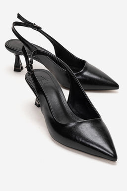 Kadın Siyah Sivri Burun 5 cm Orta İnce Topuklu Arkası Açık Stiletto Elvira