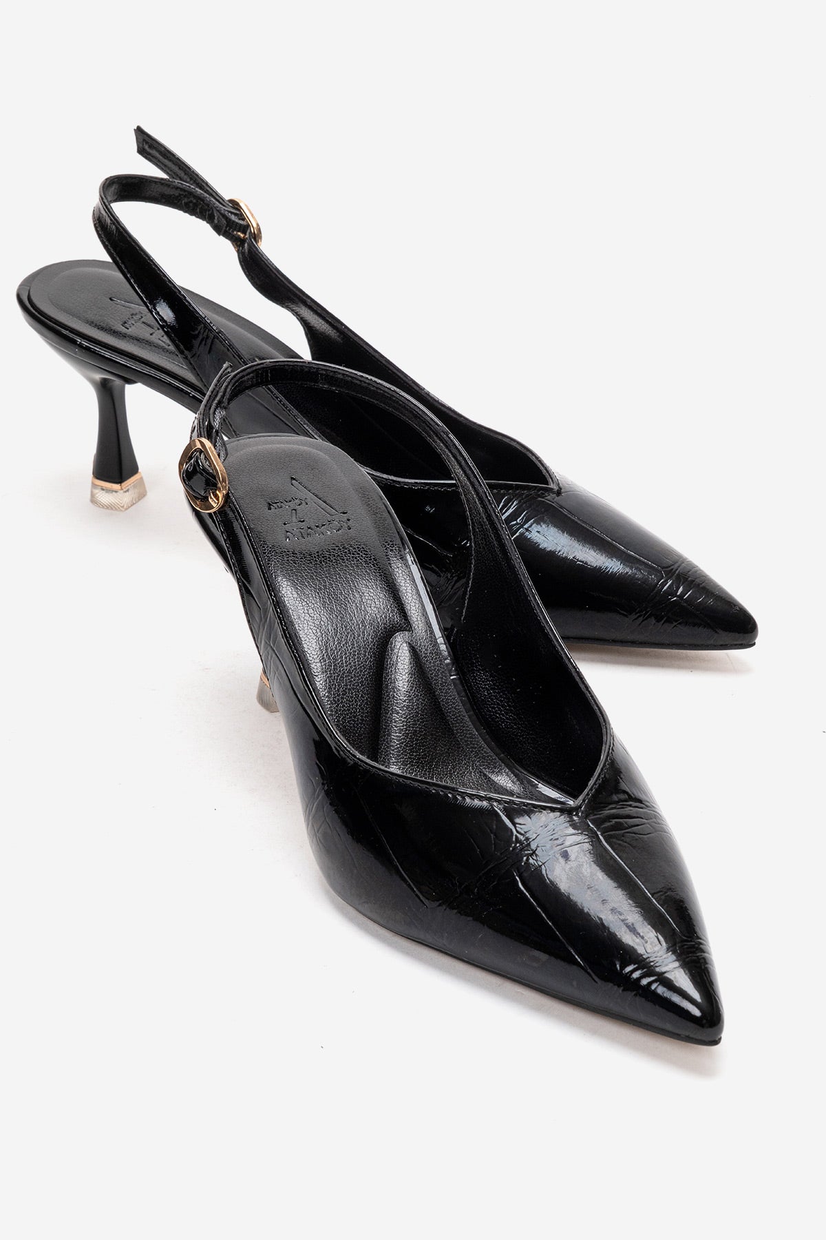 Kadın Siyah Kroko Rugan Kroko Desenli Sivri Burun 6 cm Orta İnce Topuklu Stiletto Esmeralda