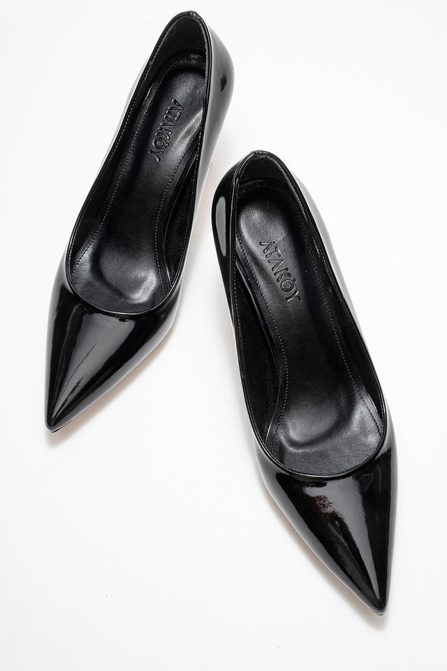 Kadın Siyah Rugan Sivri Burun 8 cm Yüksek İnce Topuklu Stiletto Ayakkabı Cristina