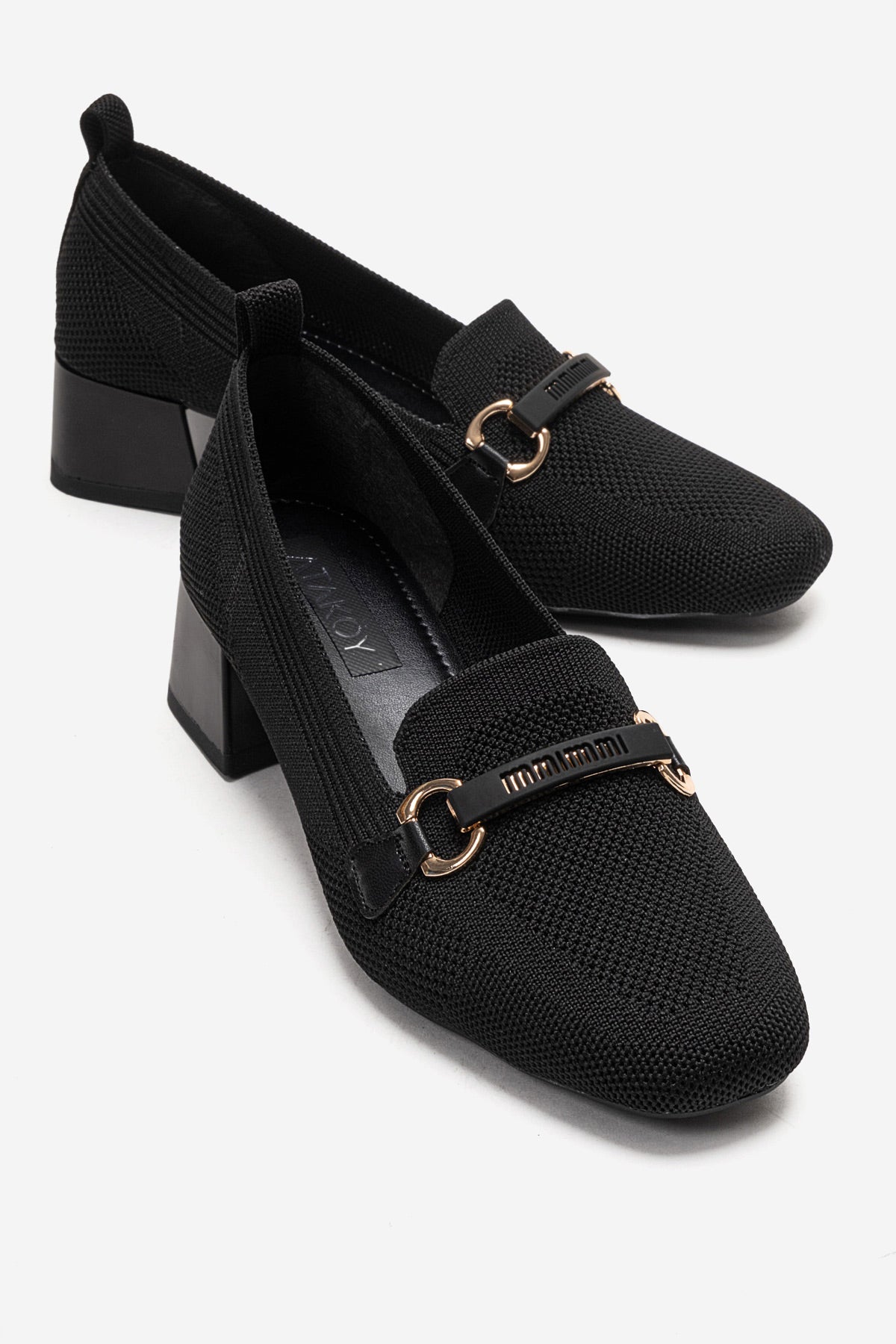 Kadın Siyah Triko Altın Tokalı Küt Burun 5 cm Orta Kalın Topuklu Loafer Benita