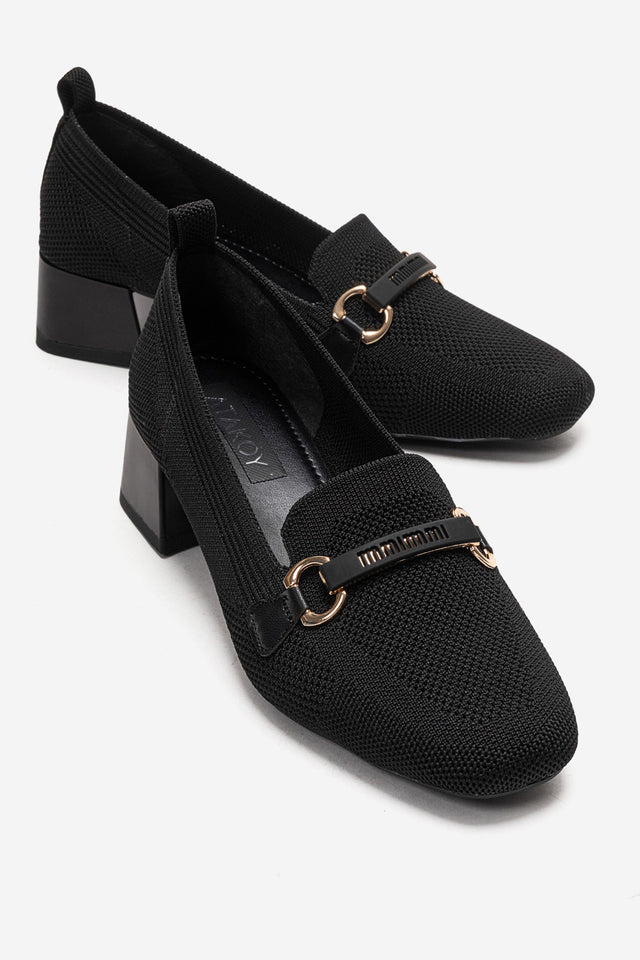 Kadın Siyah Triko Altın Tokalı Küt Burun 5 cm Orta Kalın Topuklu Loafer Benita