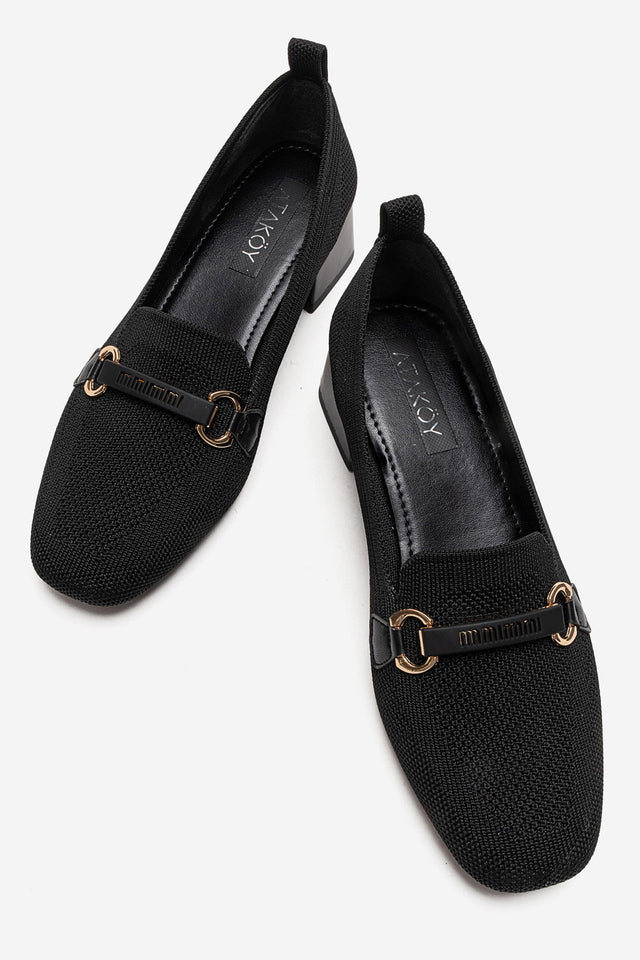 Kadın Siyah Triko Altın Tokalı Küt Burun 5 cm Orta Kalın Topuklu Loafer Benita