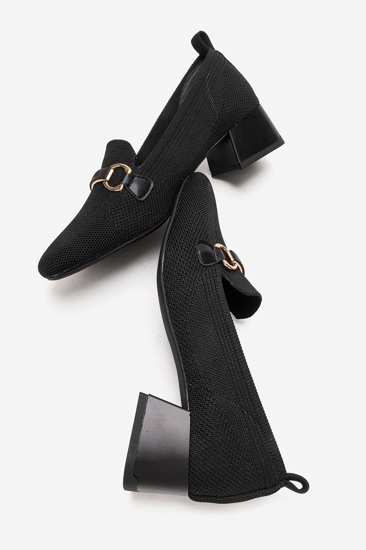 Kadın Siyah Triko Altın Tokalı Küt Burun 5 cm Orta Kalın Topuklu Loafer Benita