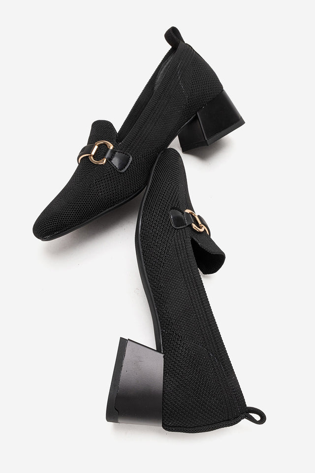 Kadın Siyah Triko Altın Tokalı Küt Burun 5 cm Orta Kalın Topuklu Loafer Benita